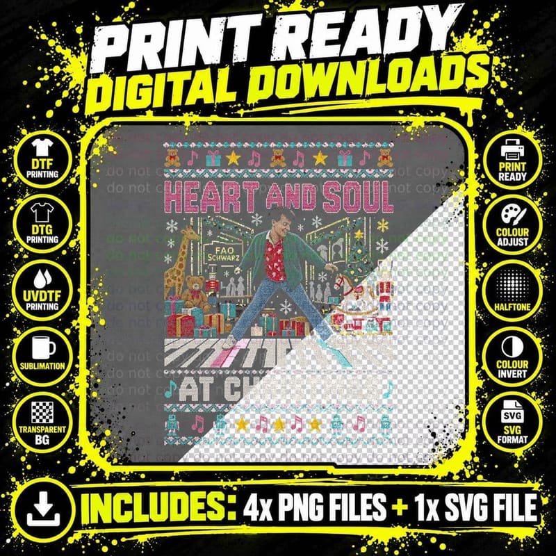 Heart and Soul Giant Piano Christmas Ugly Sweater 80s Png SVG Digital Bundle