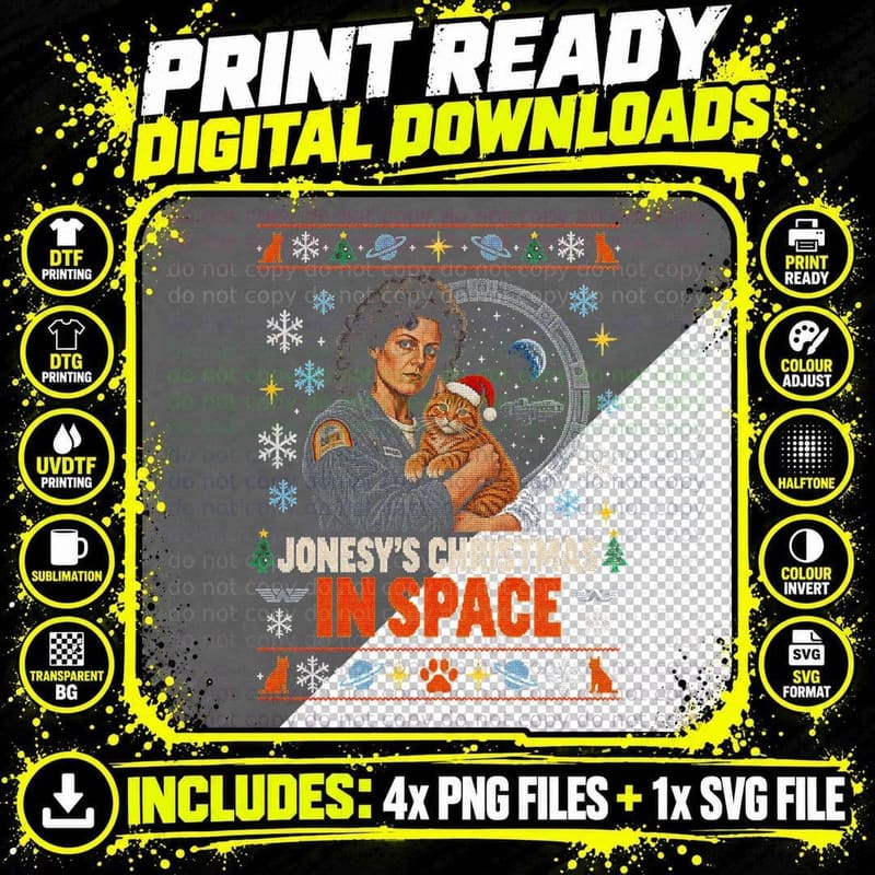 Jonesy Cat Christmas in Space Alien Ugly Sweater Sci-Fi Png SVG Digital Bundle