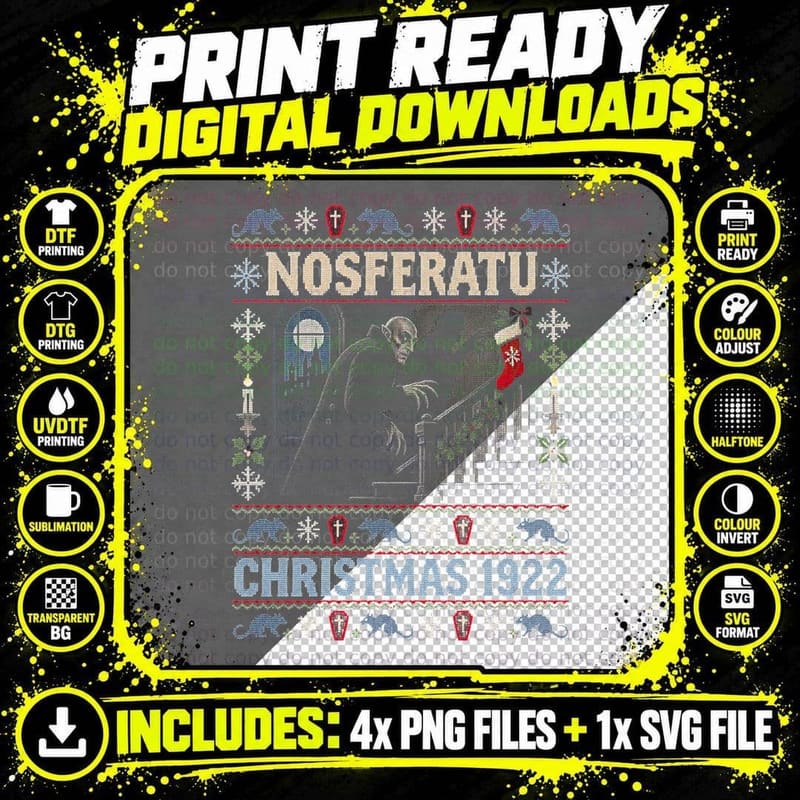 Nosferatu Christmas 1922 Vampire Ugly Sweater Silent Png SVG Digital Bundle
