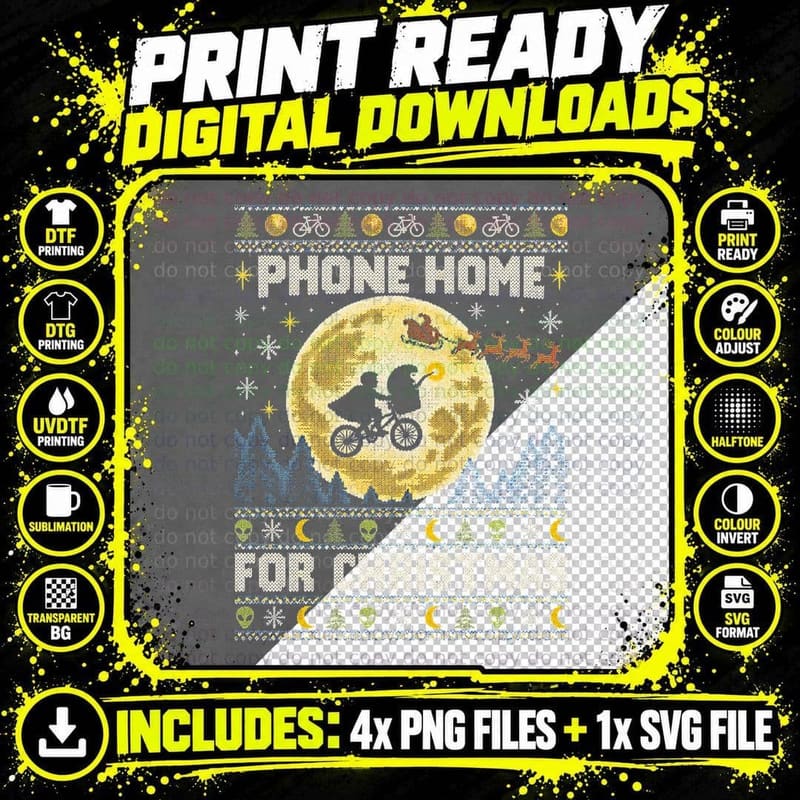 Phone Home for Christmas Flying Bicycle Moon Ugly Png SVG Digital Bundle