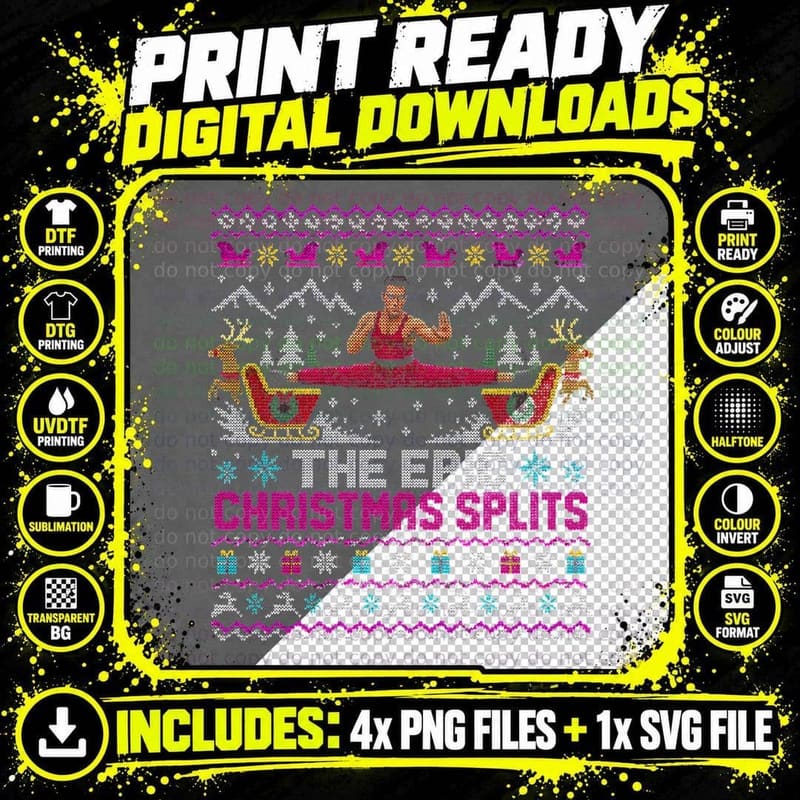 Van Damme Epic Christmas Splits Ugly Sweater 90s Action Png SVG Digital Bundle
