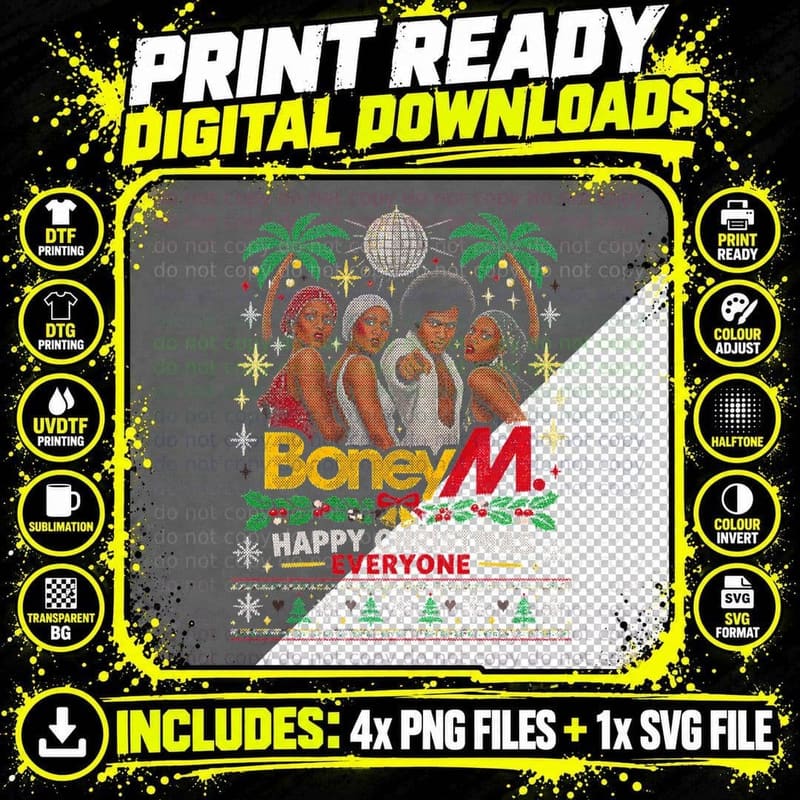 Boney M Happy Christmas Everyone Disco Ugly Sweater Png SVG Digital Bundle