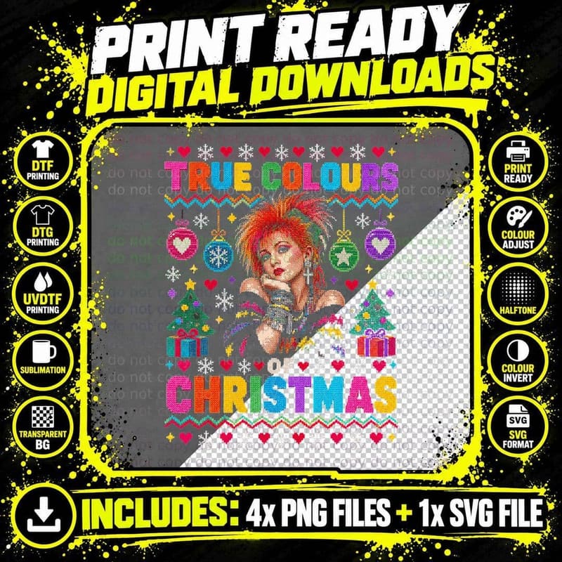 Cyndi Lauper True Colours Of Christmas Ugly Sweater Png SVG Digital Bundle