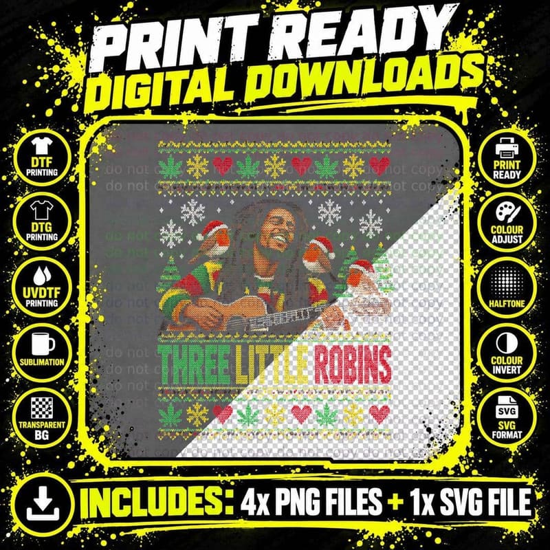 Bob Marley Three Little Robins Christmas Jumper Halftone Png SVG Digital Bundle