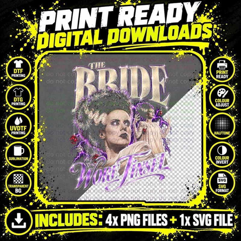 Bride of Frankenstein The Bride Wore Tinsel Christmas Png SVG Digital Bundle