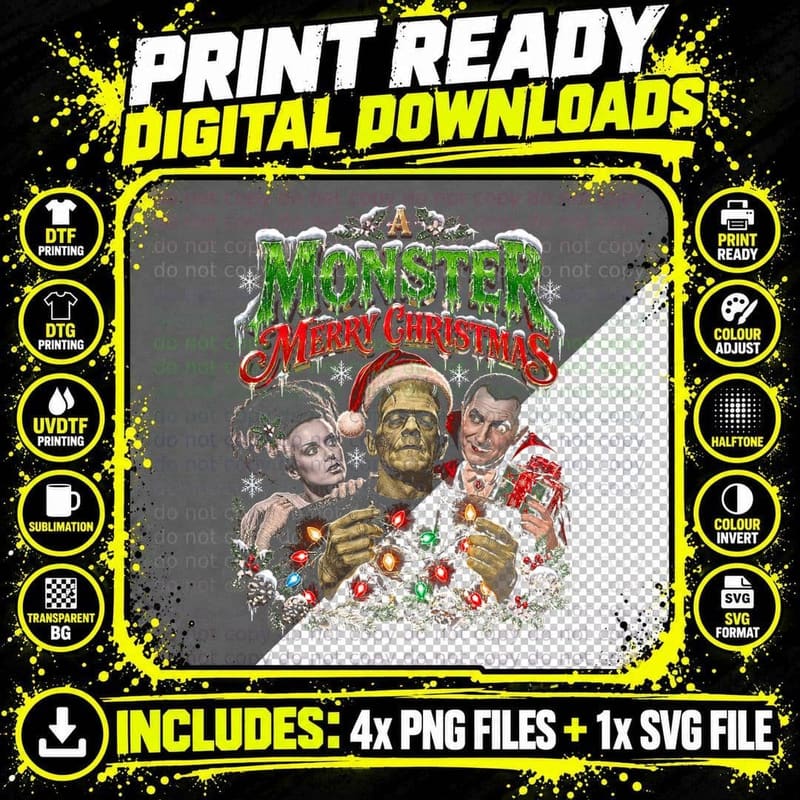 Frankenstein Monster and Dracula Christmas Classic Png SVG Digital Bundle