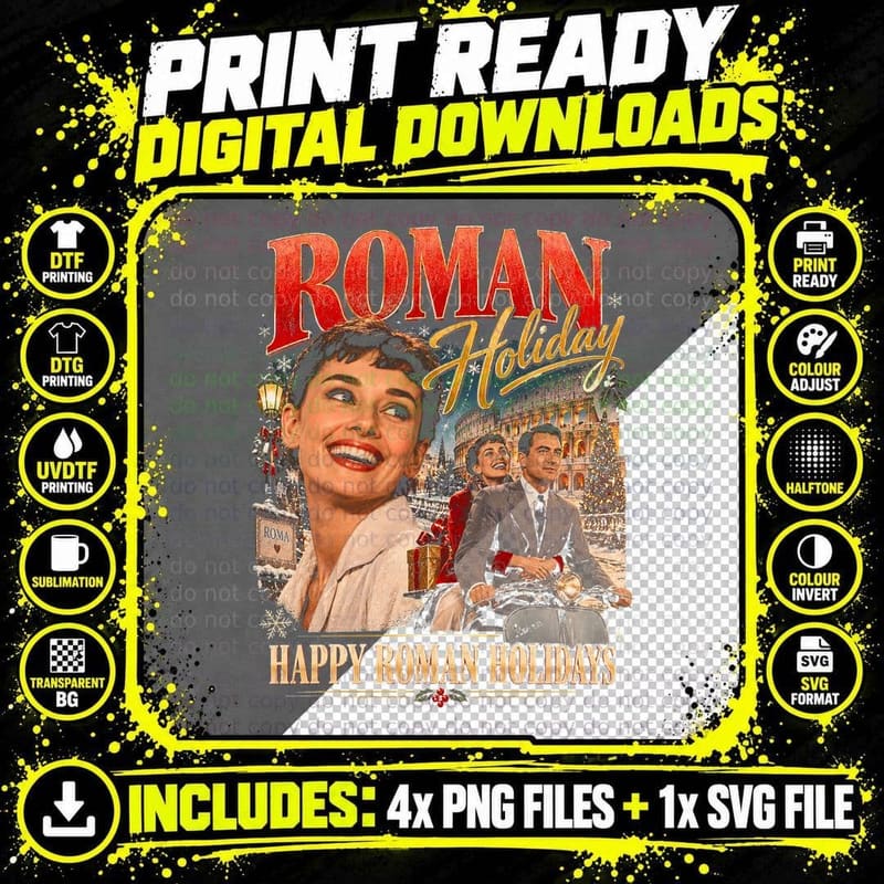 Roman Holiday Happy Roman Holidays Christmas Retro Movie Png SVG Digital Bundle