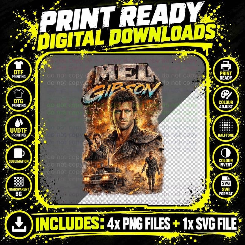 Mel Gibson Vintage Bootleg 80s Action Hero Desert Png SVG Digital Bundle