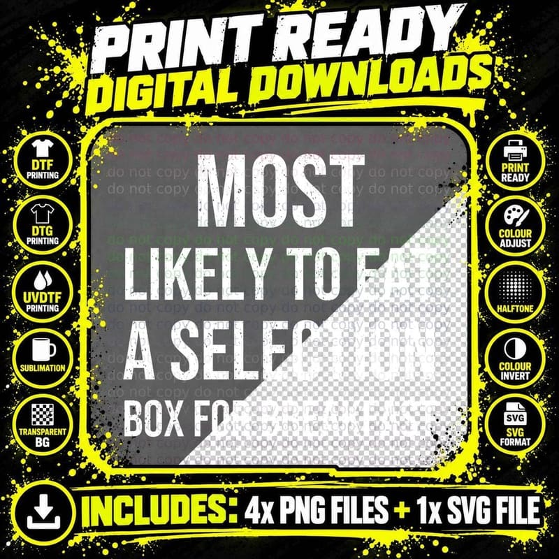 Most Likely To Eat a Selection Box for Breakfast Png SVG Digital Bundle
