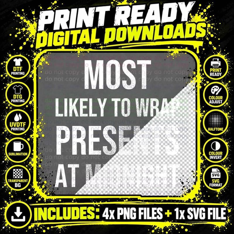 Most Likely To Wrap Presents at Midnight Christmas Png SVG Digital Bundle