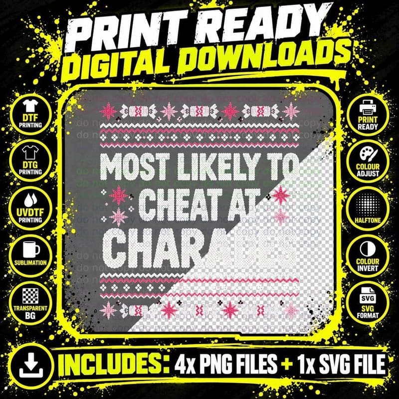 Most Likely To Cheat At Charades Christmas Ugly Sweater Family Matching T-Shirt Png SVG Digital Bundle