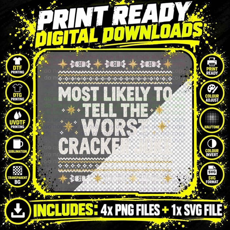 Most Likely To Tell Worst Cracker Joke Christmas Ugly Png SVG Digital Bundle