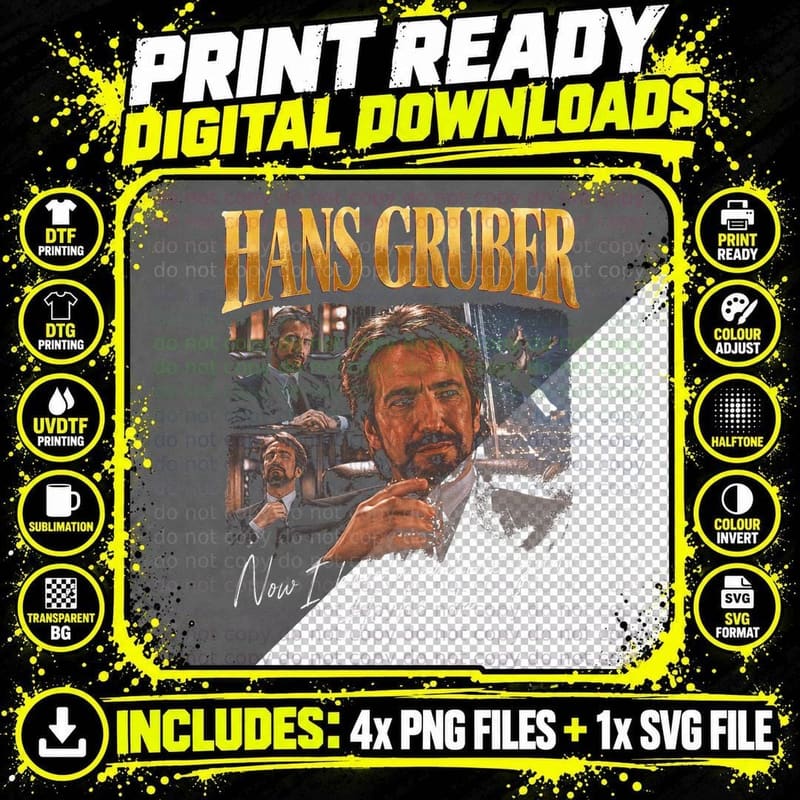 Hans Gruber Alan Rickman Vintage Christmas Villain Film Png SVG Digital Bundle