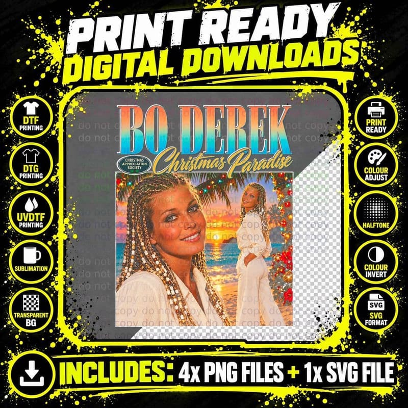 Bo Derek Paradise 80s Film Star Christmas Retro Halftone Png SVG Digital Bundle