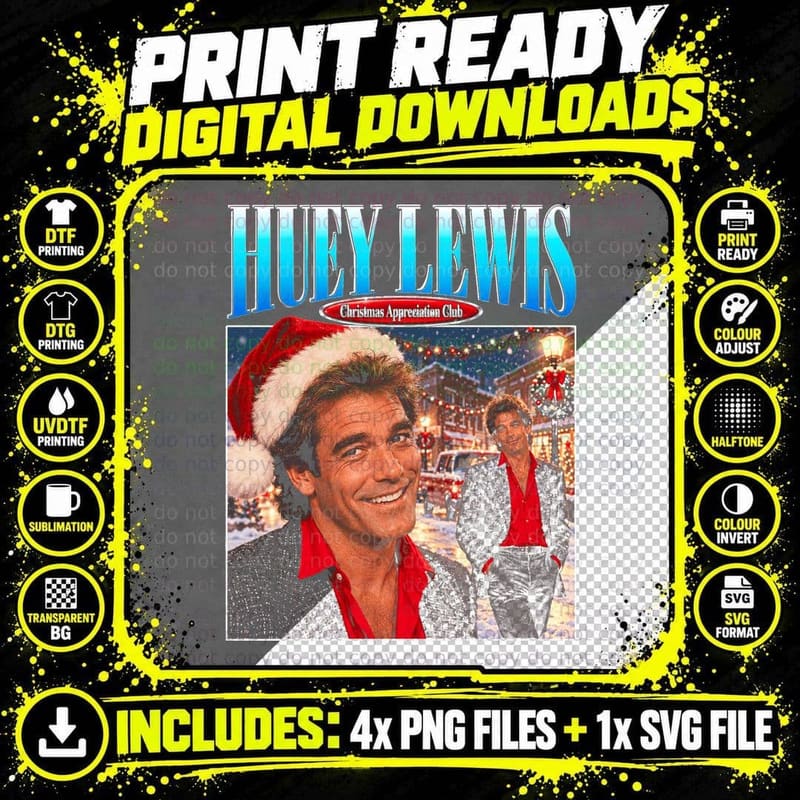 Huey Lewis 80s Rock Singer Christmas Retro Halftone Png SVG Digital Bundle