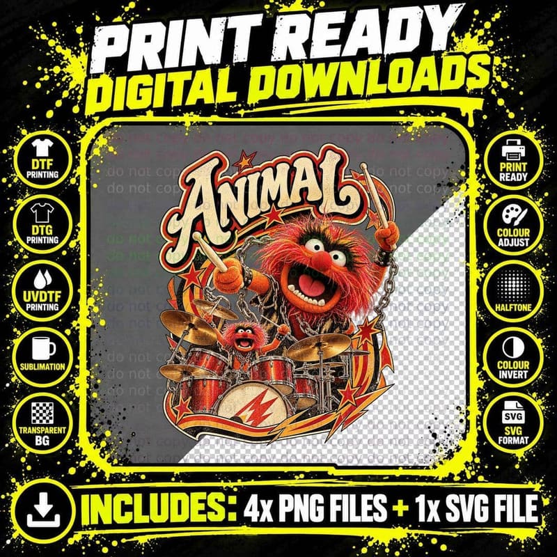 Animal Drummer Vintage Red Puppet Retro Rock Band Drums Png SVG Digital Bundle