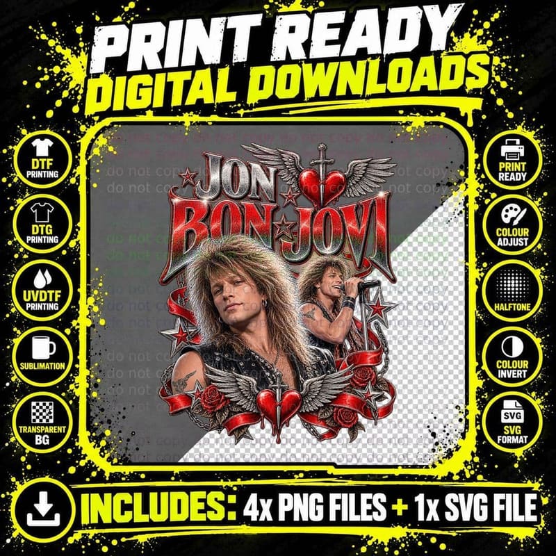 Bon Jovi Vintage Bootleg Livin on a Prayer 1986 Hair Png SVG Digital Bundle