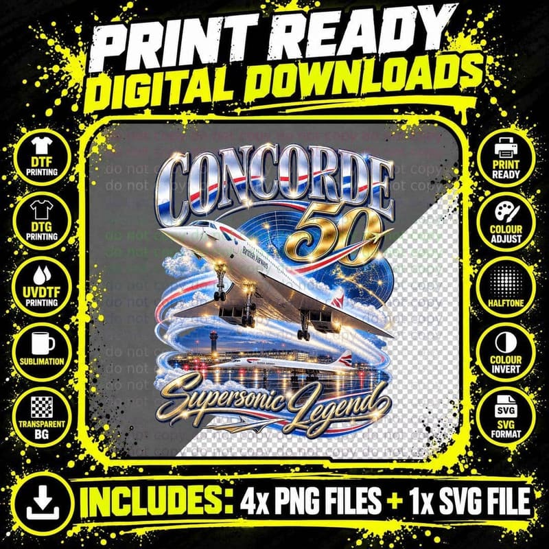 Concorde 50 Vintage Aviation Supersonic Jet Heathrow Png SVG Digital Bundle