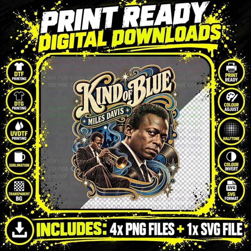 Miles Davis Vintage Kind of Blue Jazz Trumpet T-Shirt Png SVG Digital Bundle