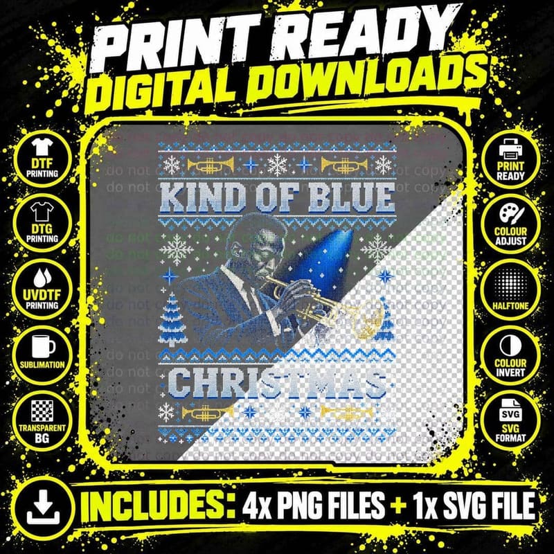 Miles Davis Ugly Sweater Kind of Blue Christmas Jazz Png SVG Digital Bundle