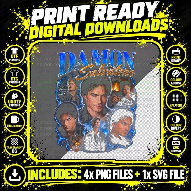 Damon Salvatore Ian Somerhalder Vampire Diaries Vintage Png SVG Digital Bundle