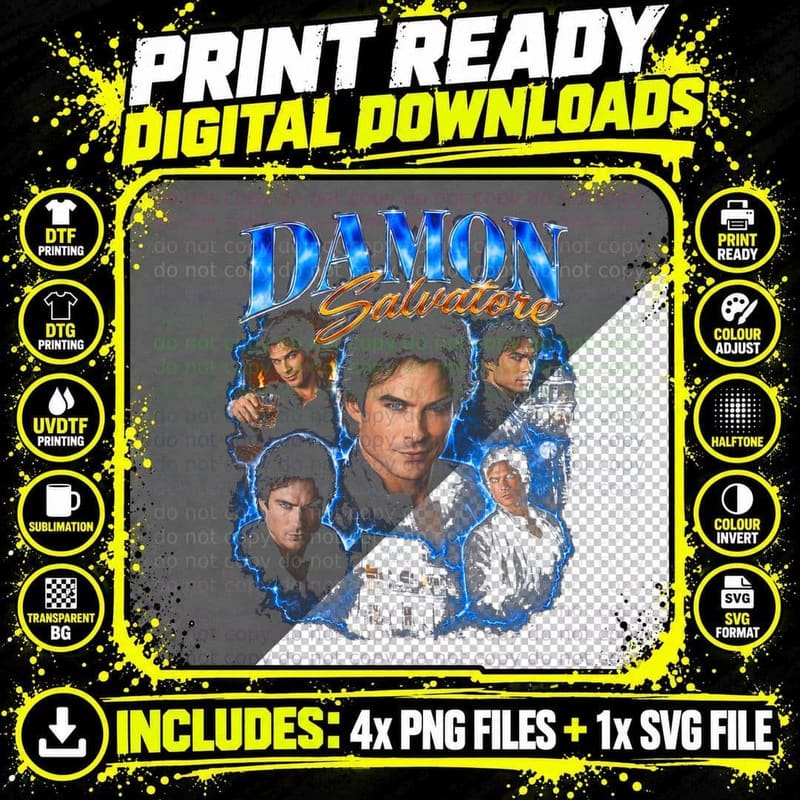Damon Salvatore Vampire Diaries Ian Somerhalder Retro Png SVG Digital Bundle