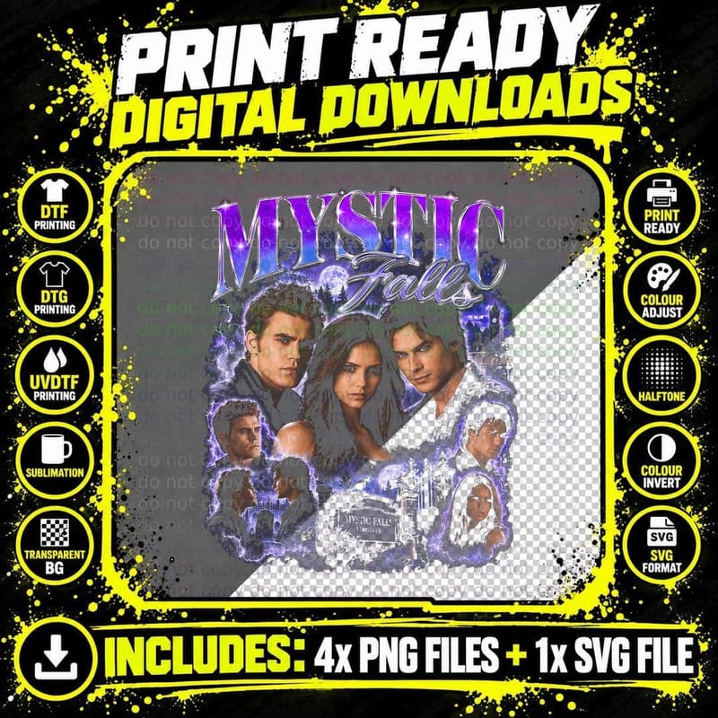 Mystic Falls Vampire Diaries Vintage Bootleg Retro TV Png SVG Digital Bundle