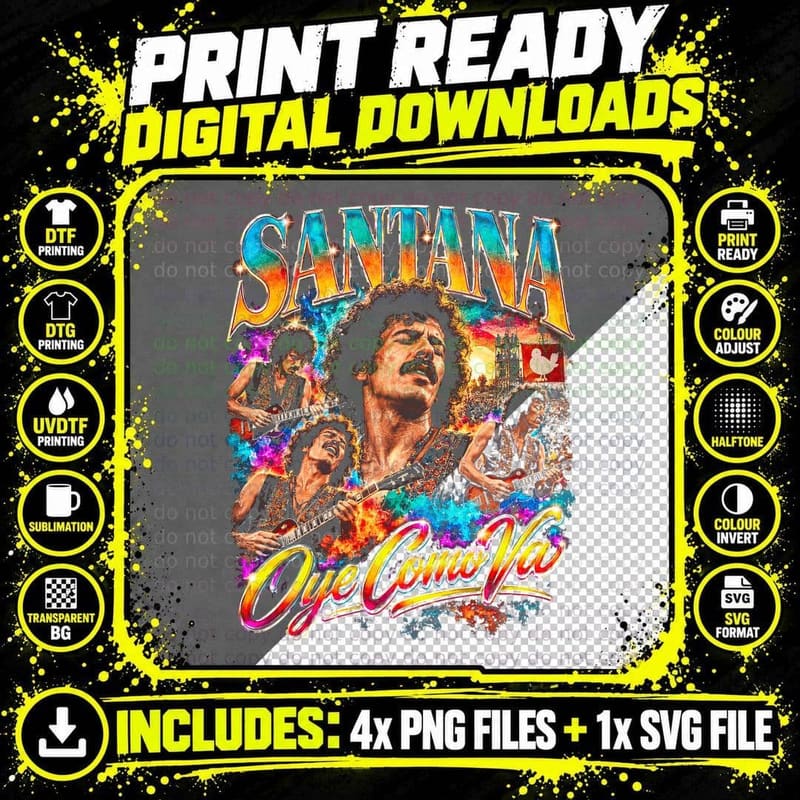 Carlos Santana Oye Como Va Retro Latin Rock Guitar Fan Png SVG Digital Bundle