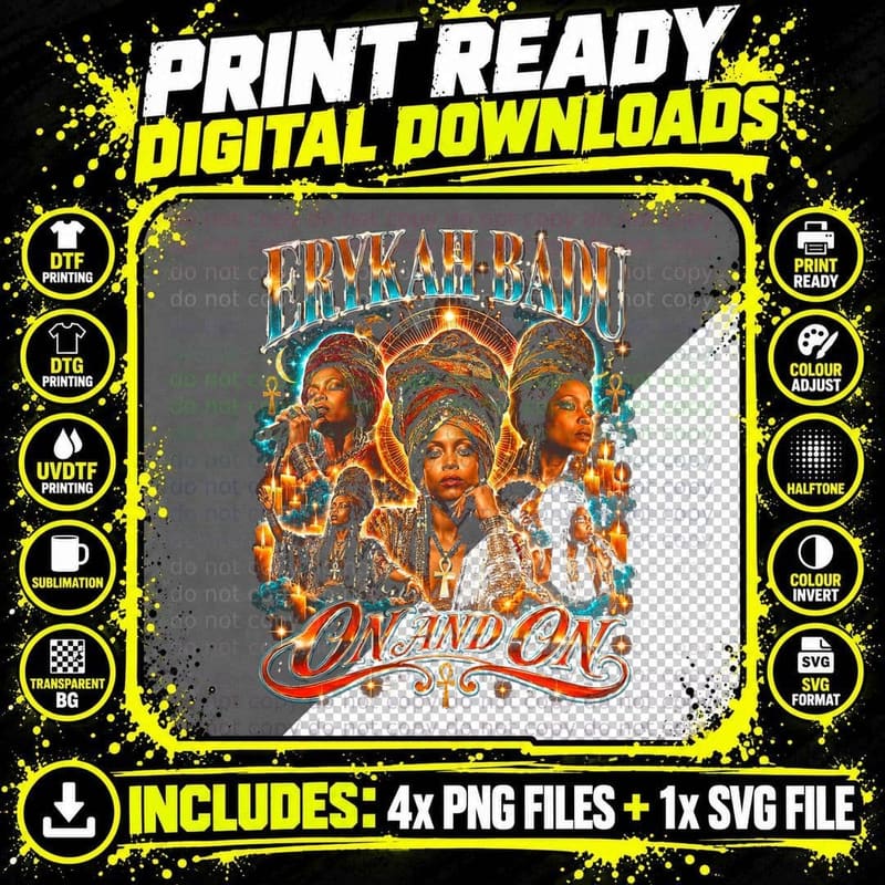 Erykah Badu On and On Neo Soul Retro 90s Fan Halftone Png SVG Digital Bundle