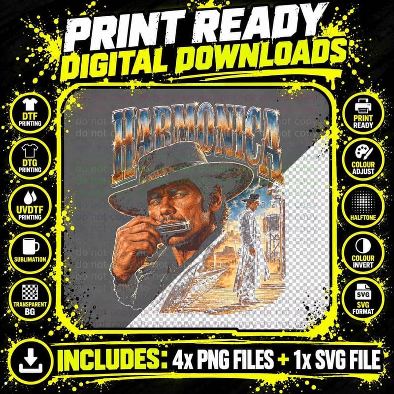 Charles Bronson Harmonica Vintage Western Film Cowboy Png SVG Digital Bundle