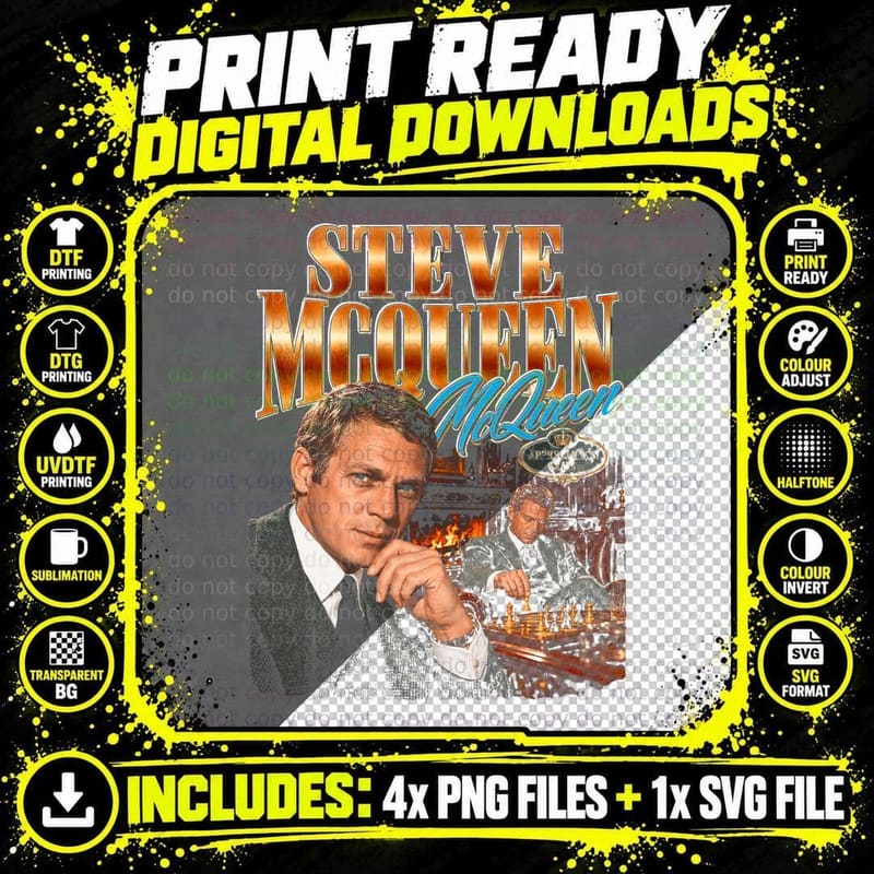 Steve McQueen Cool King Vintage 60s Film Icon Png SVG Digital Bundle