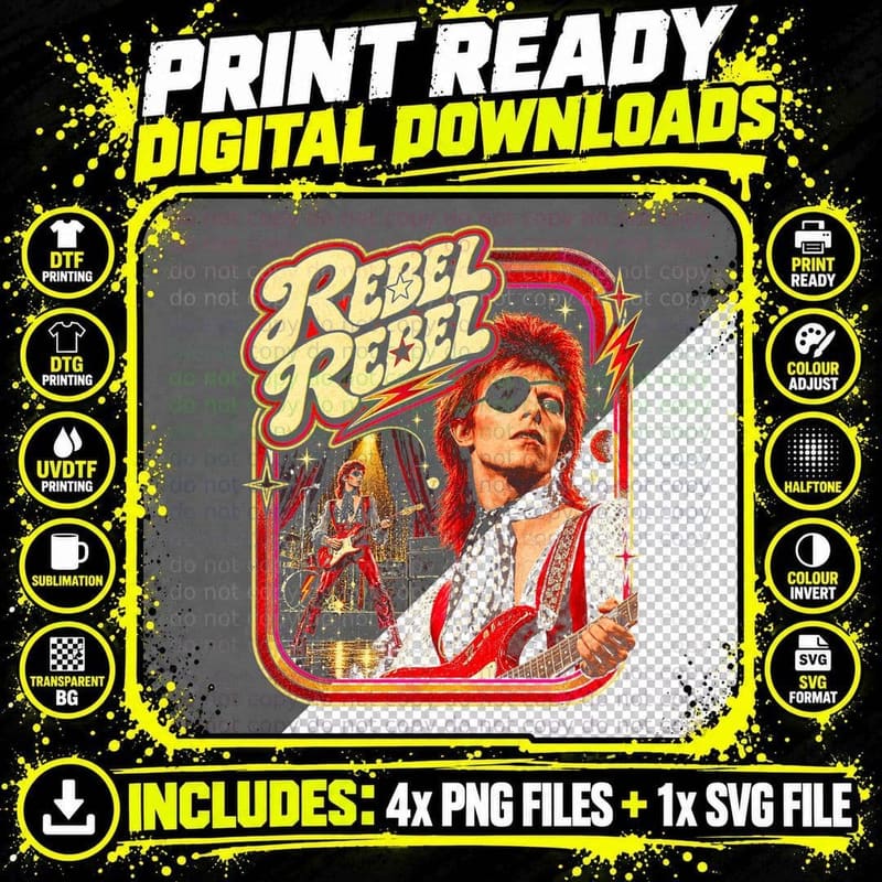 David Bowie Rebel Rebel Vintage Glam Rock Retro Music Png SVG Digital Bundle