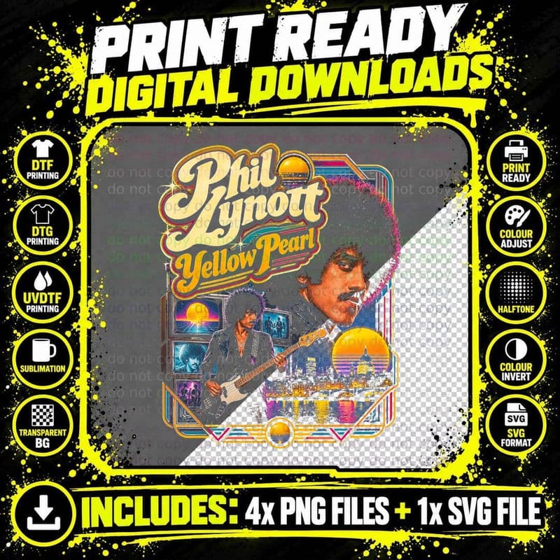 Phil Lynott Yellow Pearl Vintage 80s Rock Retro Music Png SVG Digital Bundle