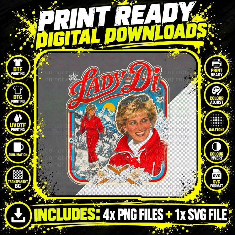 Princess Diana Lady Di 1993 Vintage Ski Alpine Halftone Png SVG Digital Bundle