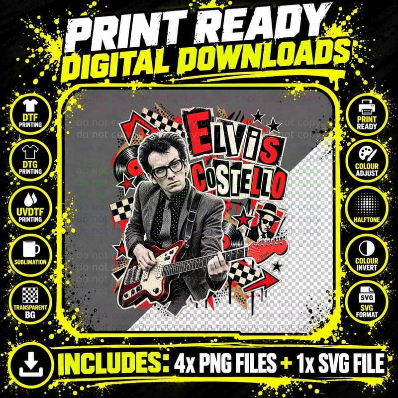 Elvis Costello Watching The Detectives Punk Collage Png SVG Digital Bundle