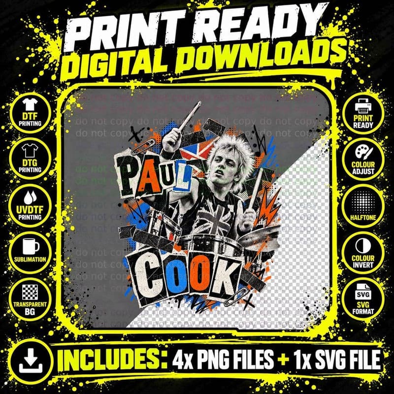 Paul Cook UK Punk Rock 1977 Drummer Vintage Collage Png SVG Digital Bundle