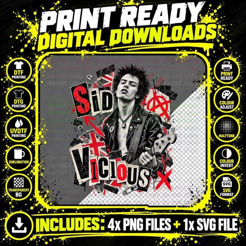 Sid Vicious UK Punk Rock 1978 Bass Player Vintage Png SVG Digital Bundle