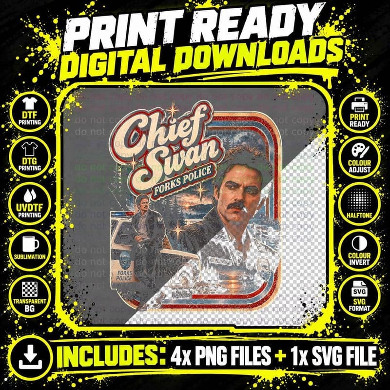 Chief Swan Forks Police Twilight Retro Halftone T-Shirt Png SVG Digital Bundle