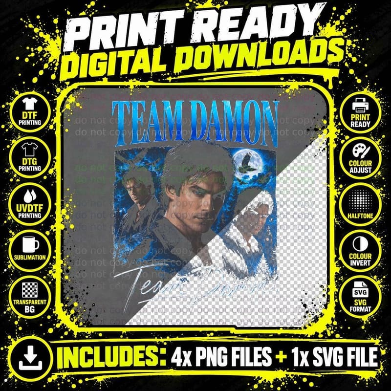Team Damon Salvatore Vampire Diaries Retro Bootleg Fan Png SVG Digital Bundle
