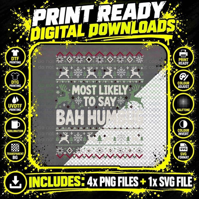 Bah Humbug Christmas Grumpy Reindeer Funny Ugly Sweater Png SVG Digital Bundle