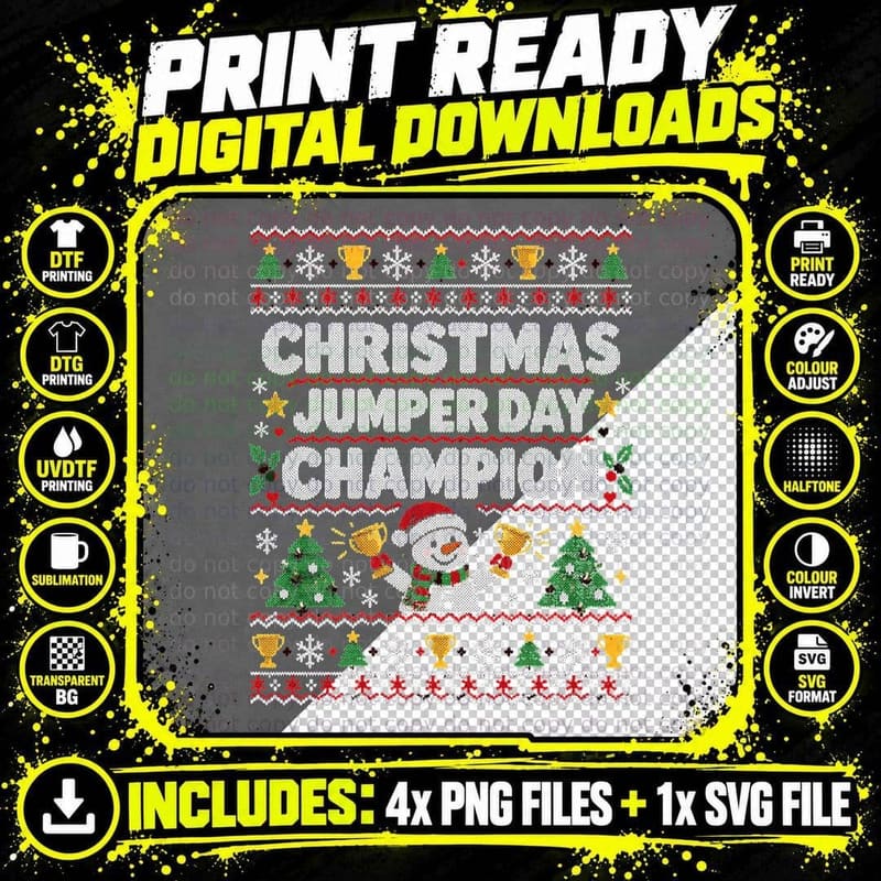 Christmas Jumper Day Champion Funny Snowman Ugly Sweater Png SVG Digital Bundle