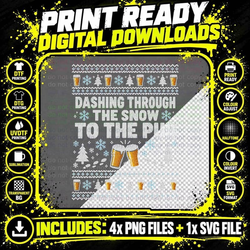 Dashing Through The Snow To The Pub Funny Beer Christmas Png SVG Digital Bundle