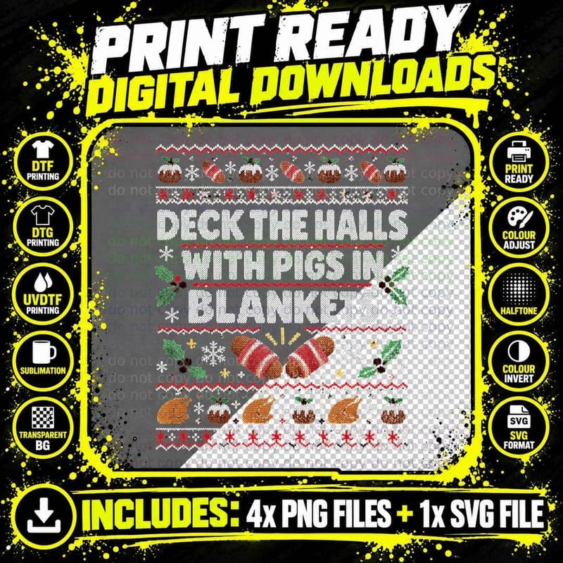 Deck The Halls With Pigs In Blankets Funny Christmas Png SVG Digital Bundle