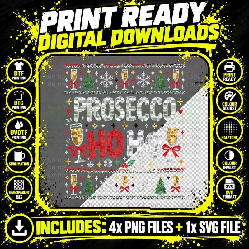 Prosecco Ho Ho Funny Christmas Drinking Party Ugly Png SVG Digital Bundle