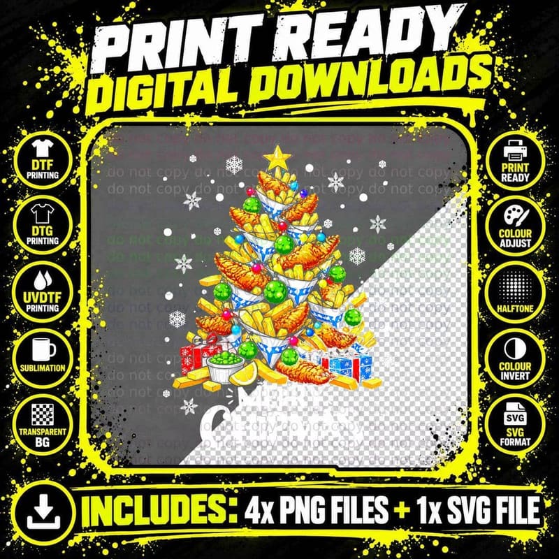 Merry Chipmas Funny Christmas Fish And Chips Lover Food Png SVG Digital Bundle