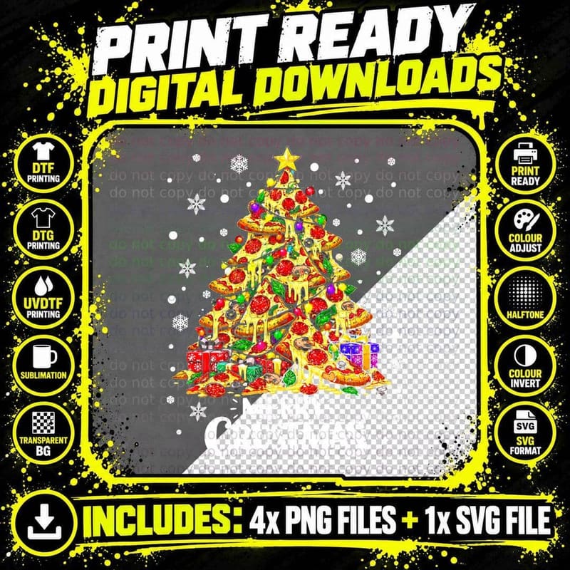 Merry Crustmas Funny Christmas Pizza Lover Pizza Tree Png SVG Digital Bundle