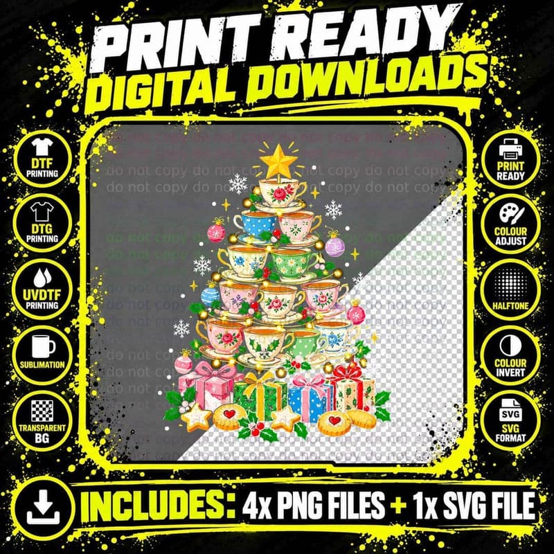 Vintage Teacup Christmas Floral China Cottagecore Tea Png SVG Digital Bundle