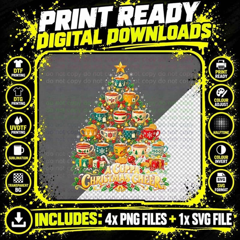 A Cuppa Christmas Cheer Builders Tea Tree British Tea Png SVG Digital Bundle