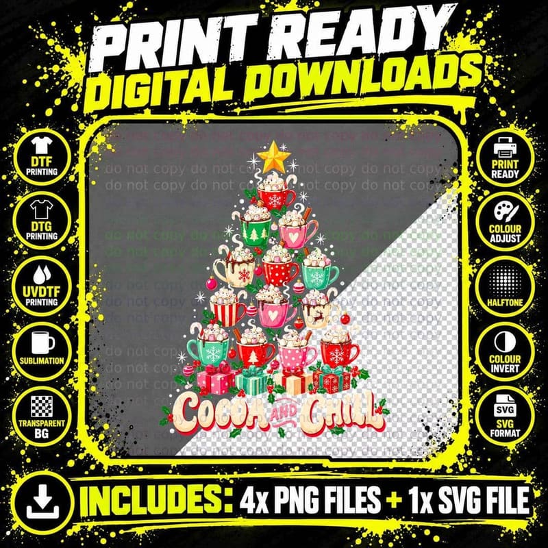 Cocoa And Chill Hot Chocolate Christmas Tree Mug Cosy Png SVG Digital Bundle