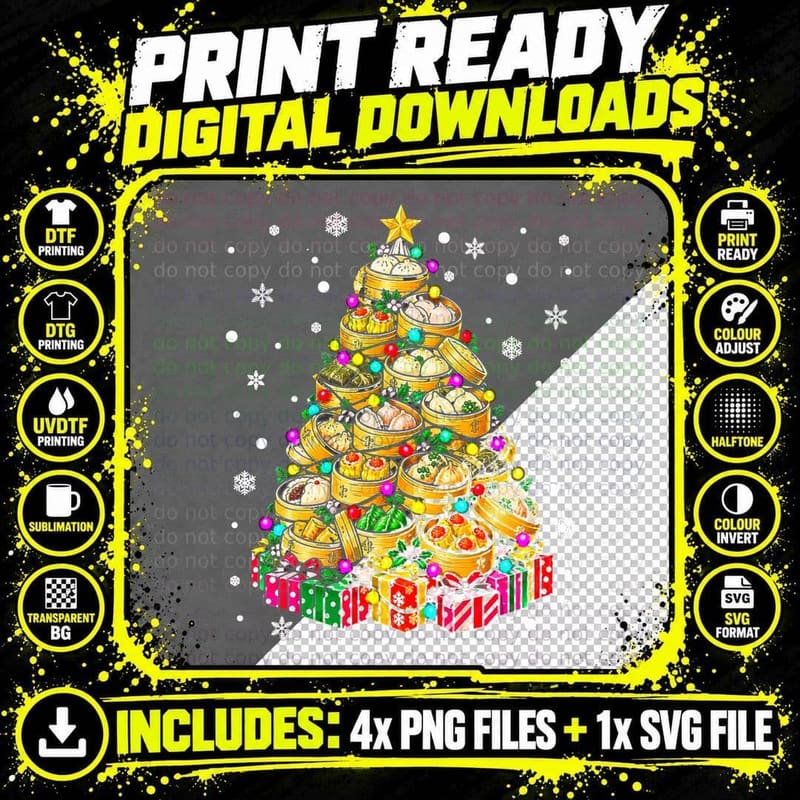 Dim Sum Christmas Tree Retro Doodle Dumpling Lover Asian Png SVG Digital Bundle